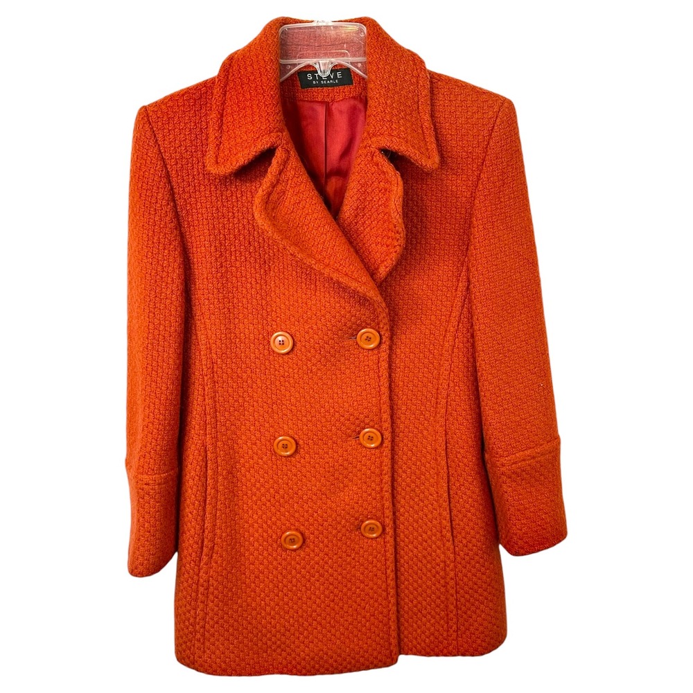 Steve by Searle Small Coat Wool Italy USA Orange Textured Double‎ Breasted VTG C